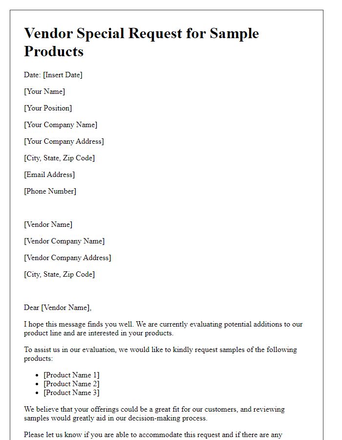 Letter template of vendor special request for sample products