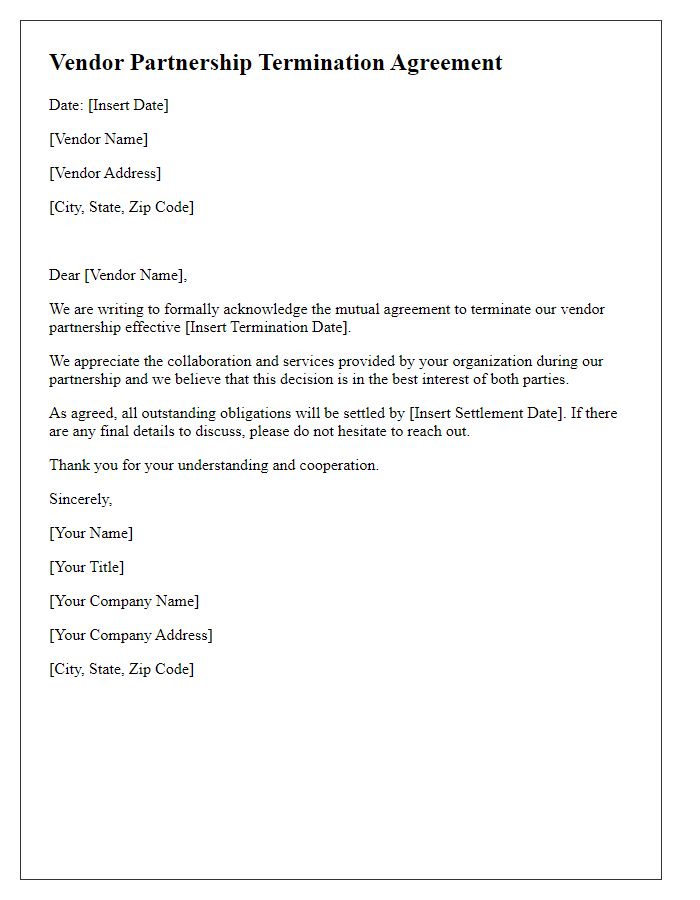Letter template of vendor partnership termination acknowledging mutual agreement.