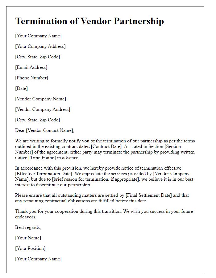 Letter template of vendor partnership termination based on contractual obligations.