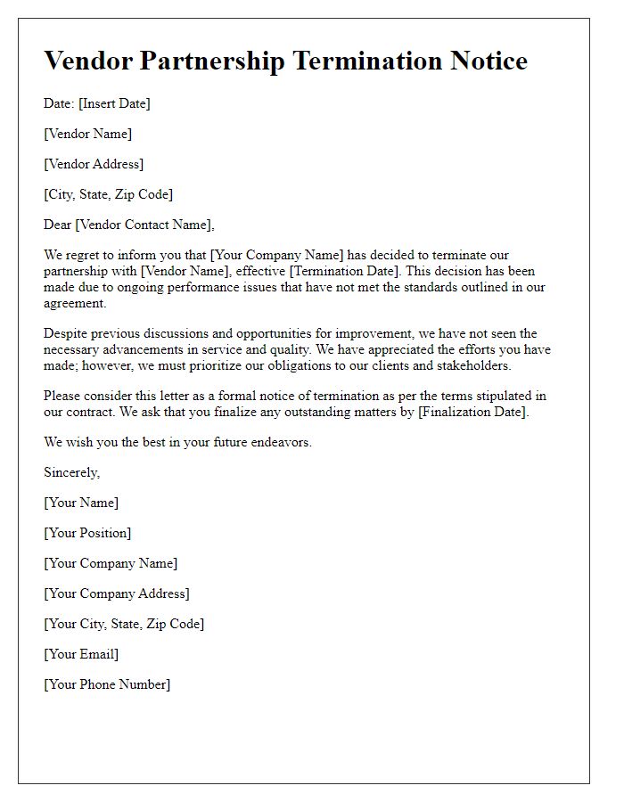 Letter template of vendor partnership termination due to performance issues.