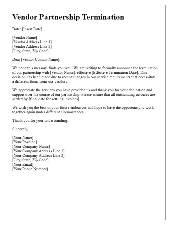 Letter template of vendor partnership termination due to service changes.