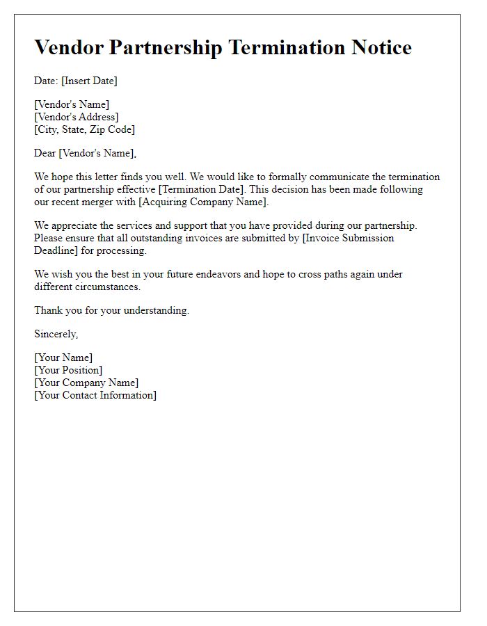 Letter template of vendor partnership termination following a merger or acquisition.