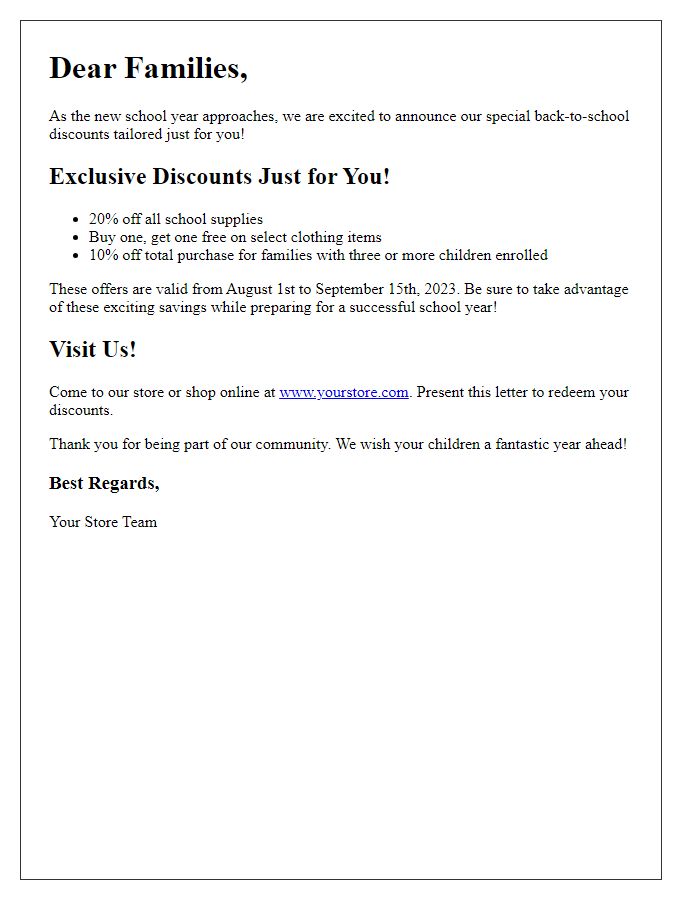 Letter template of back-to-school discounts for families