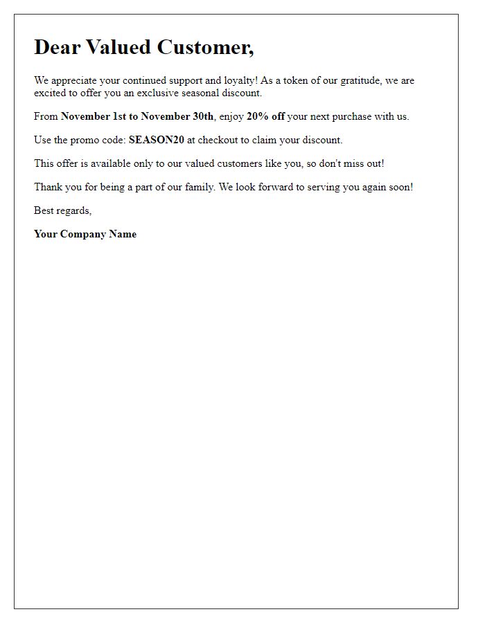 Letter template of exclusive seasonal discount for valued customers