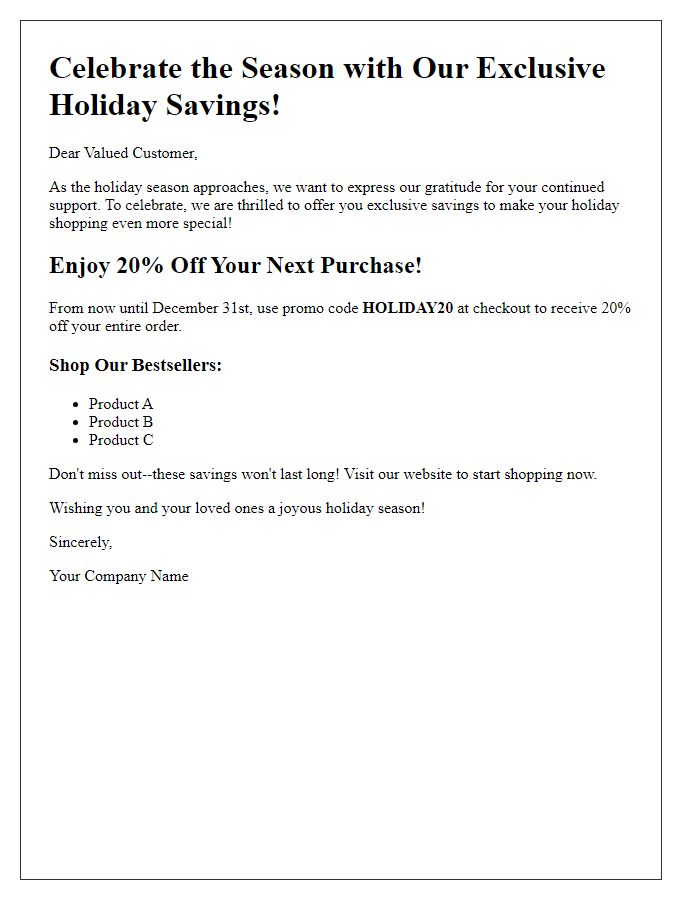 Letter template of holiday season promotional savings offer