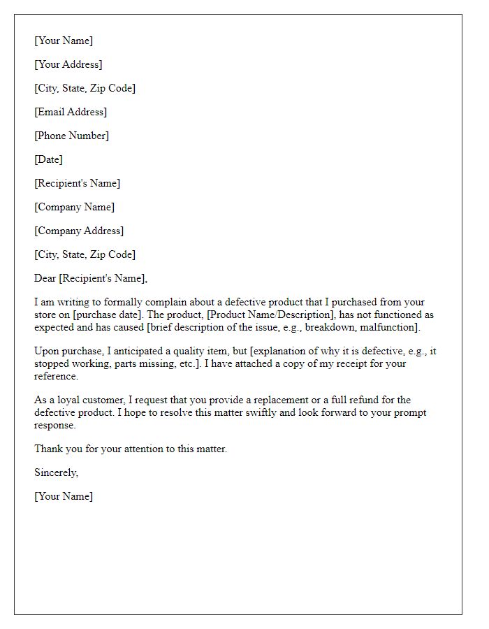 Letter template of complaint regarding defective product