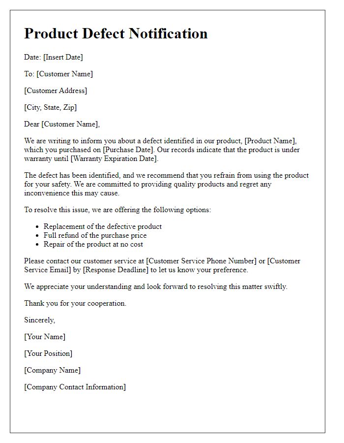 Letter template of notification for product defect issues