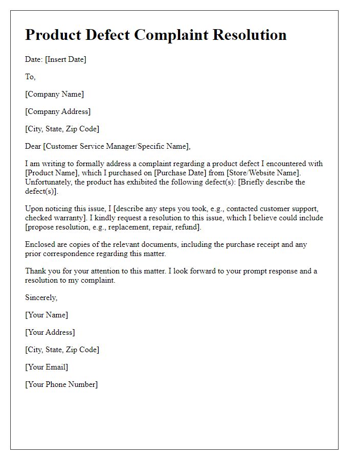 Letter template of product defect complaint resolution