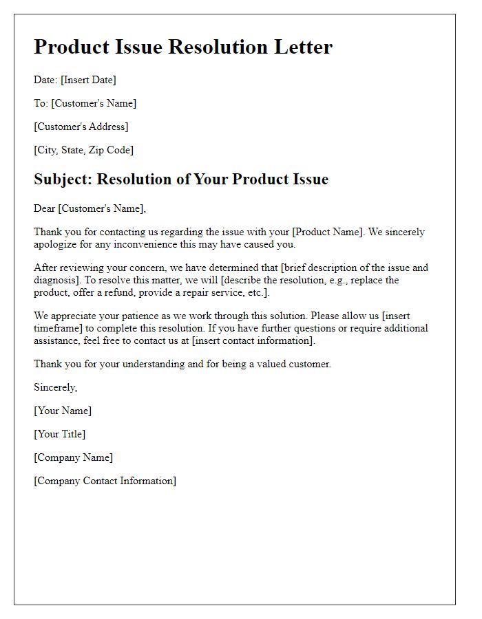 Letter template of product issue resolution