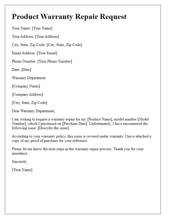 Letter template of product warranty repair request