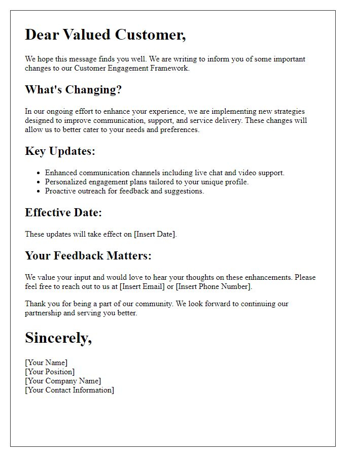 Letter template of customer engagement framework change