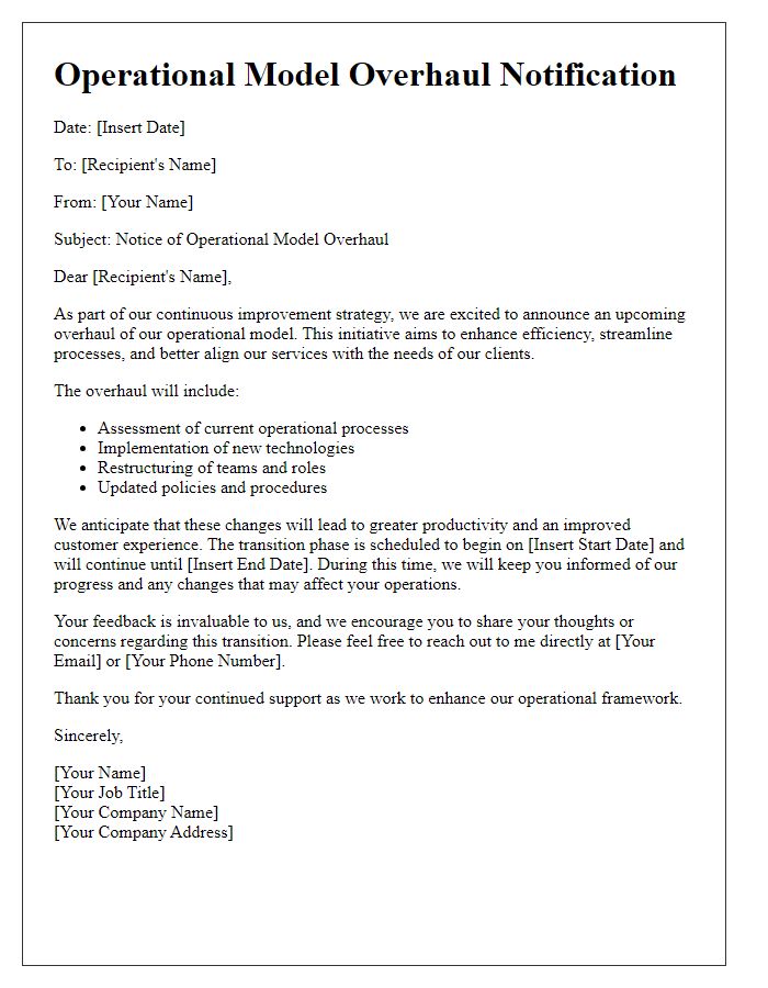 Letter template of operational model overhaul