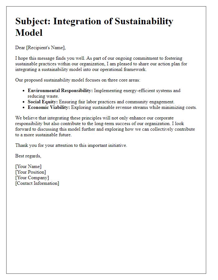 Letter template of sustainability model integration