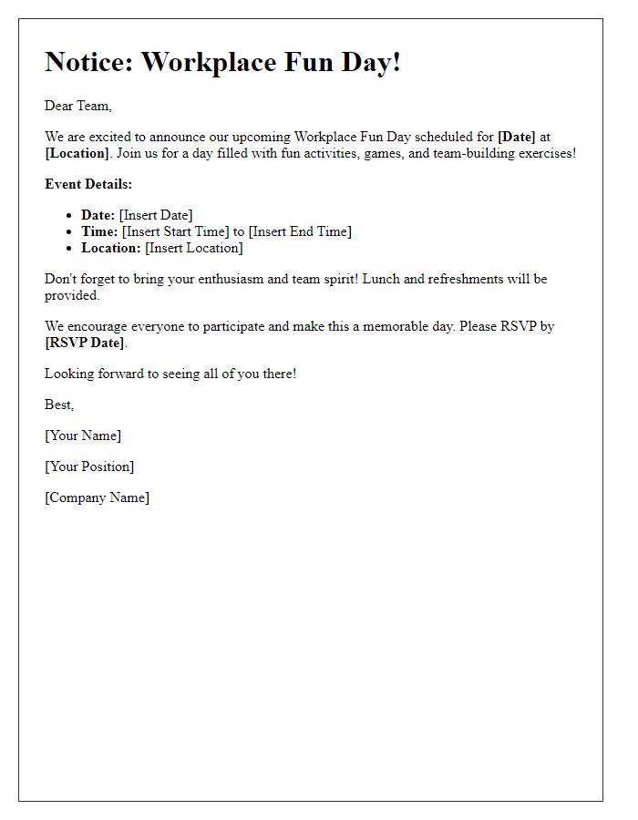 Letter template of workplace fun day notice