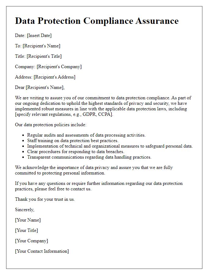 Letter template of data protection compliance assurance