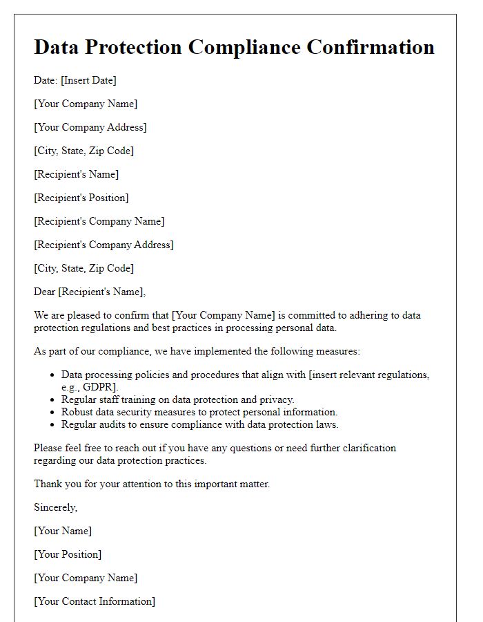 Letter template of data protection compliance confirmation