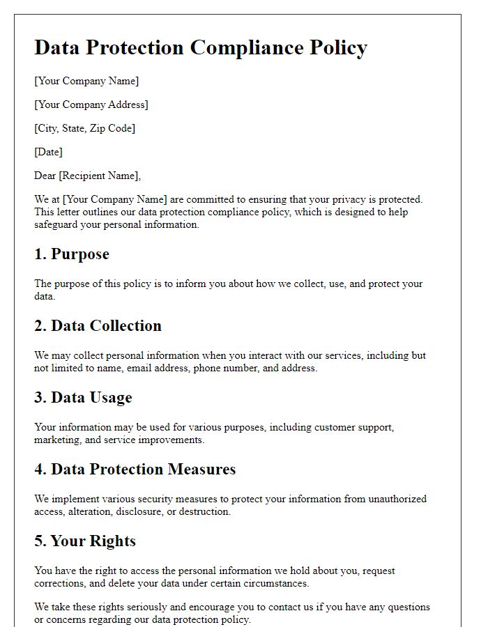 Letter template of data protection compliance policy