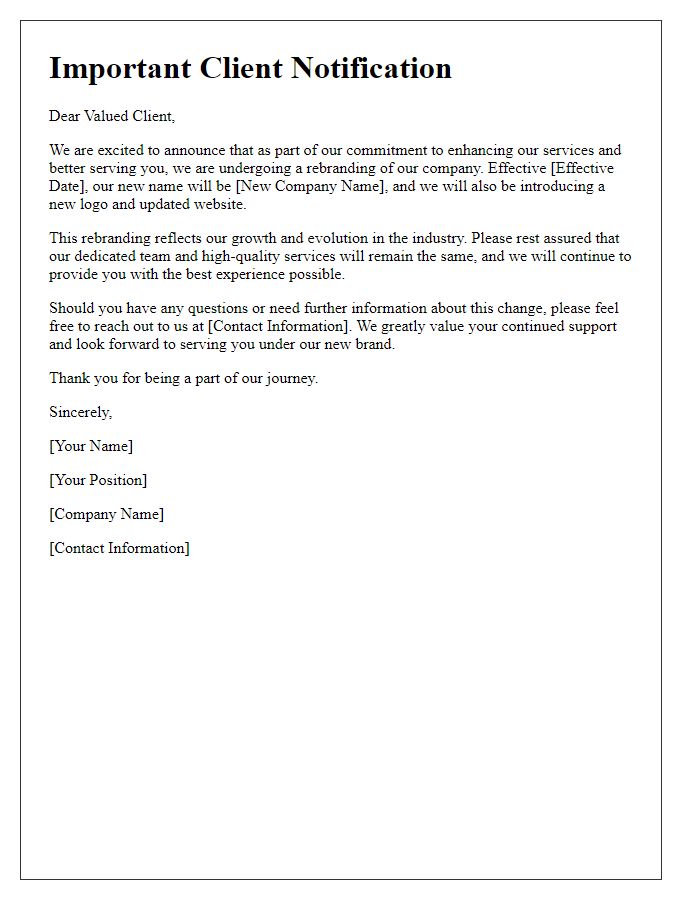 Letter template of client notification regarding company rebranding