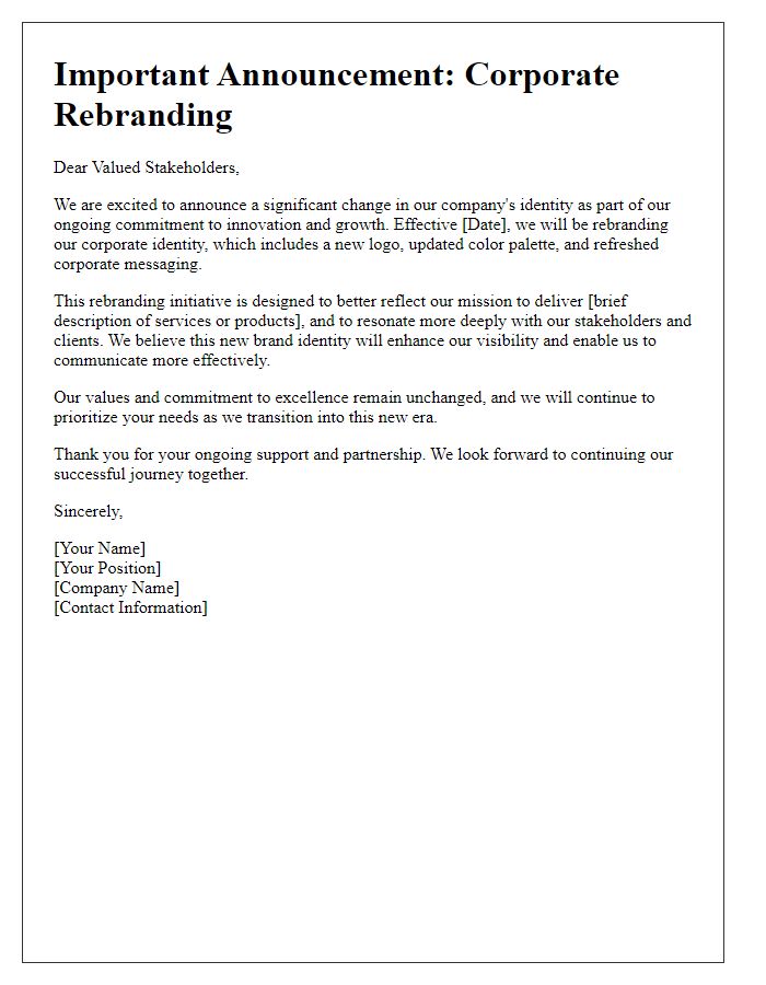 Letter template of corporate rebranding announcement to stakeholders