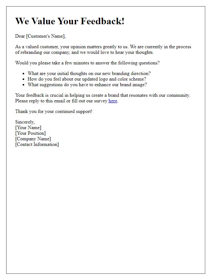 Letter template of customer feedback request on rebranding strategy