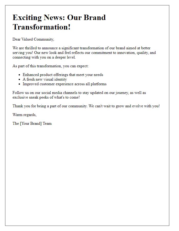 Letter template of social media update on brand transformation