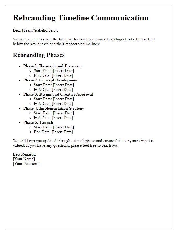 Letter template of timeline communication for rebranding phases