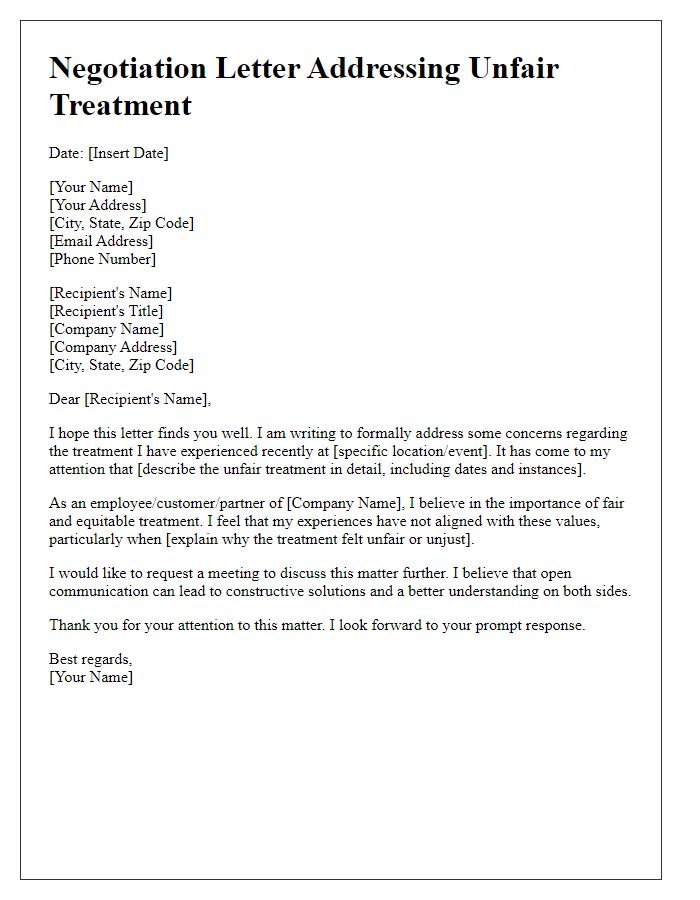 Letter template of negotiation letter addressing unfair treatment