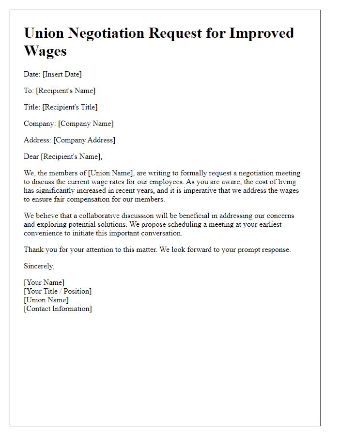 Letter template of union negotiation request for improved wages