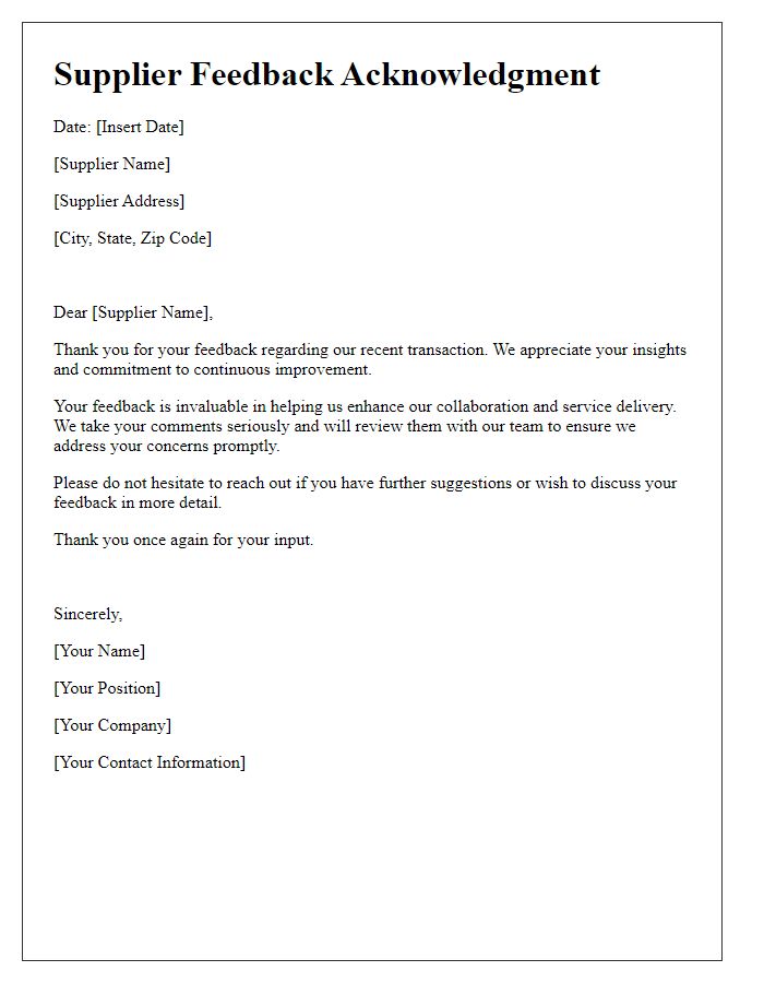 Letter template of supplier feedback acknowledgment.