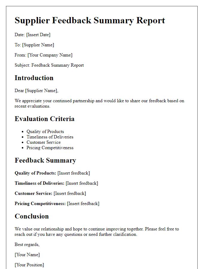 Letter template of supplier feedback summary report.