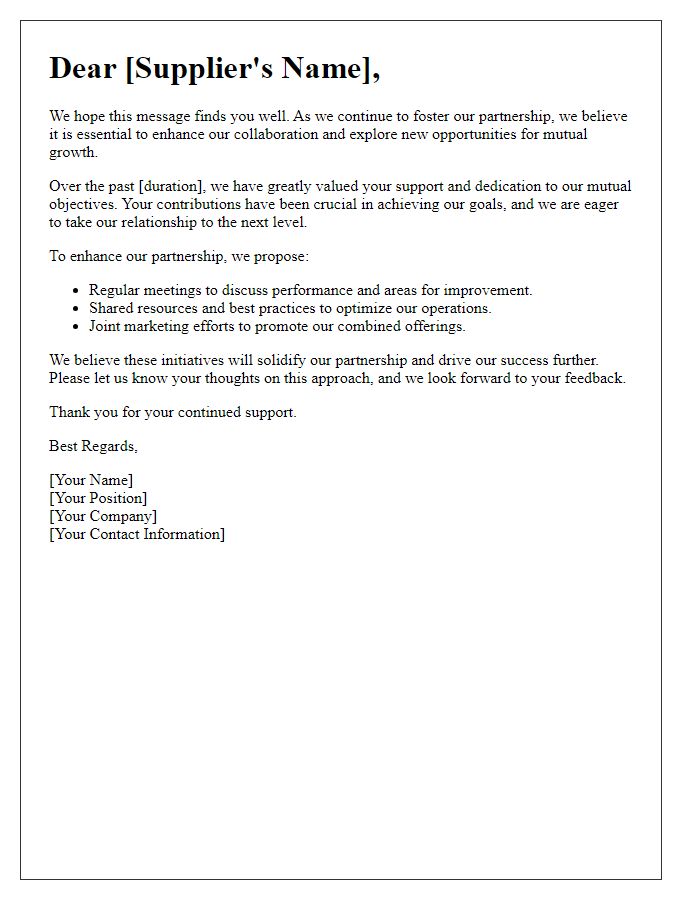 Letter template of supplier partnership enhancement.