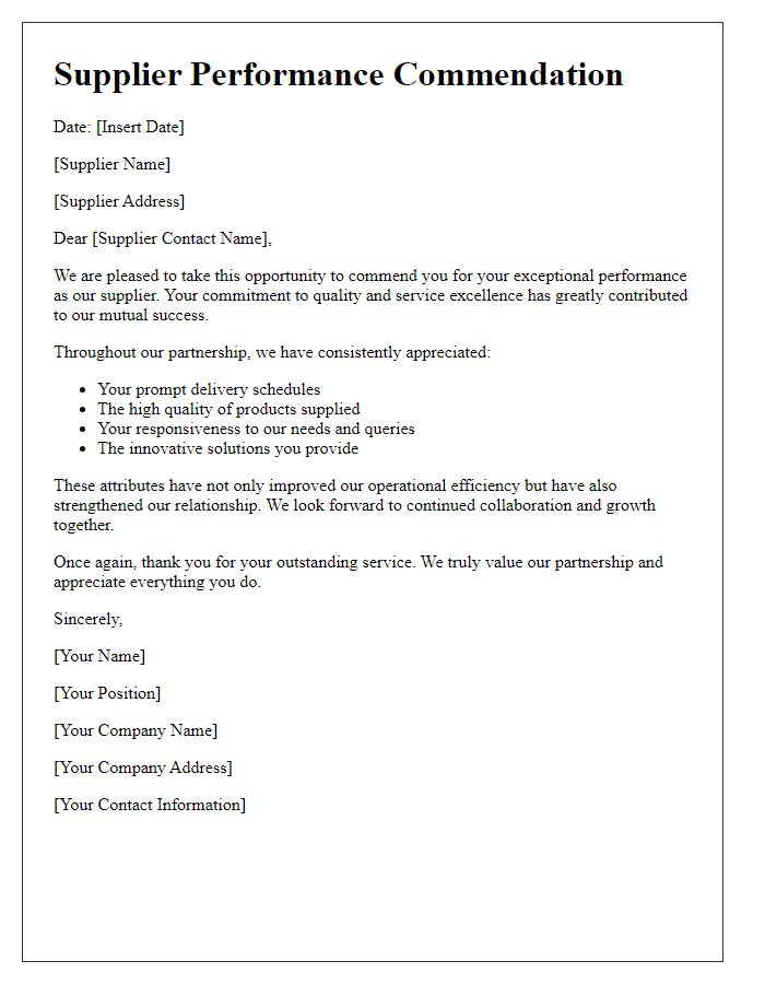 Letter template of supplier performance commendation.