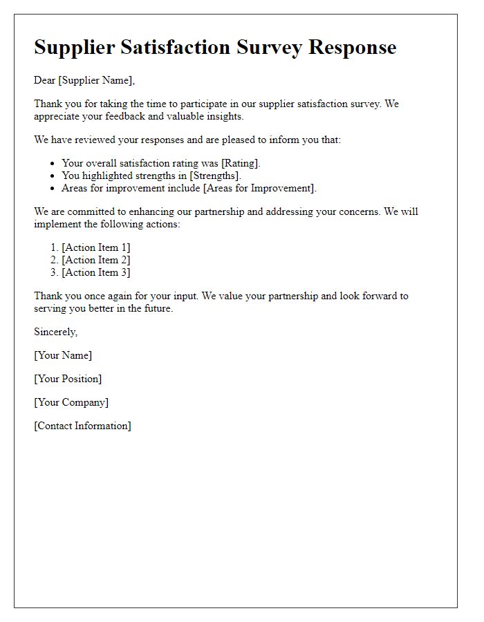 Letter template of supplier satisfaction survey response.