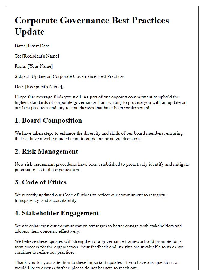 Letter template of corporate governance best practices update