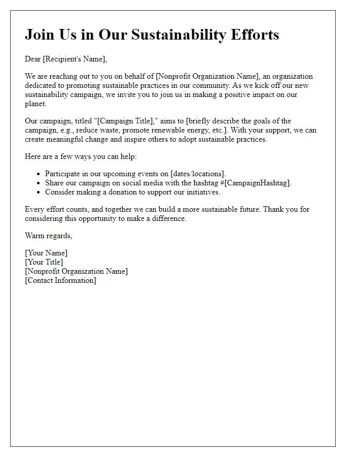 Letter template of a nonprofit sustainability campaign