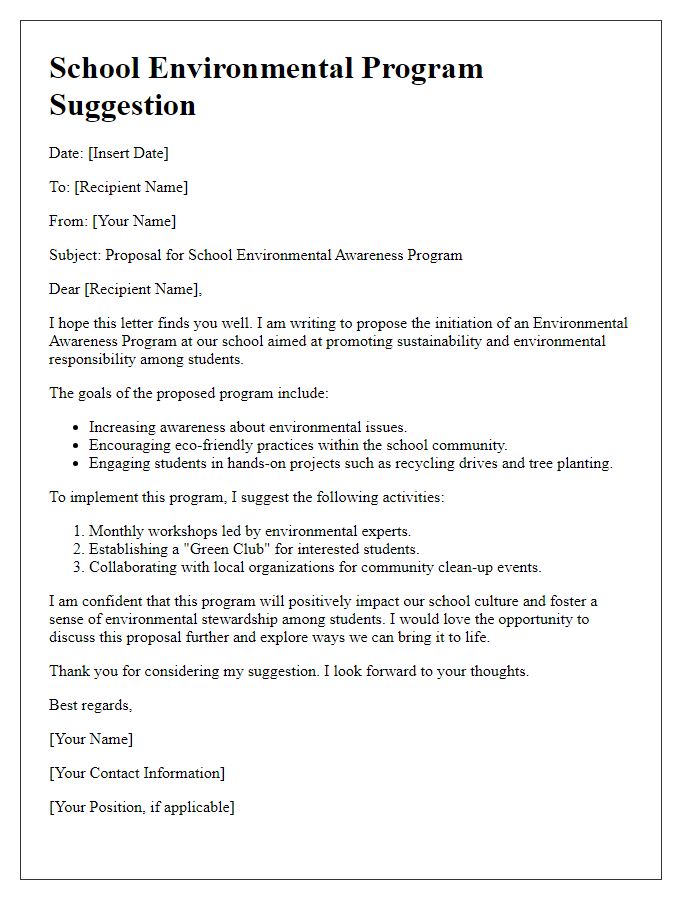 Letter template of a school environmental program suggestion