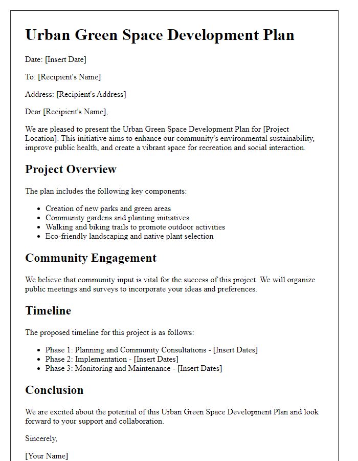 Letter template of an urban green space development plan