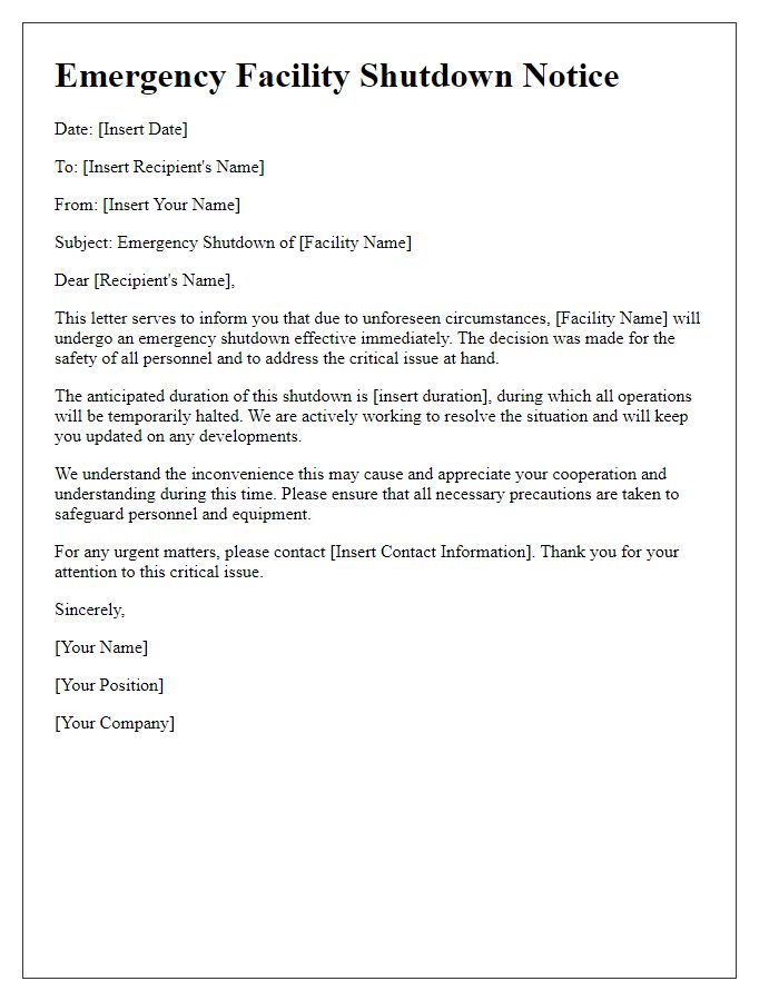 Letter template of emergency facility shutdown