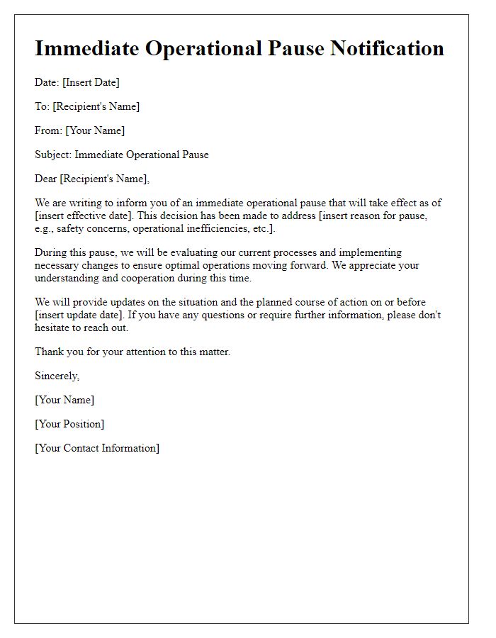 Letter template of immediate operational pause