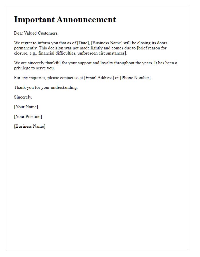 Letter template of instant business close announcement