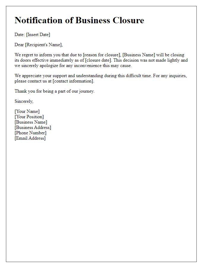 Letter template of sudden business closure notification