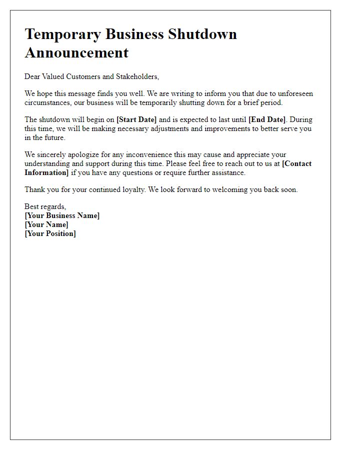 Letter template of temporary business shutdown announcement