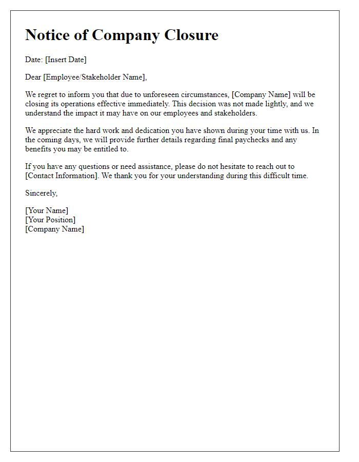 Letter template of unexpected company closure