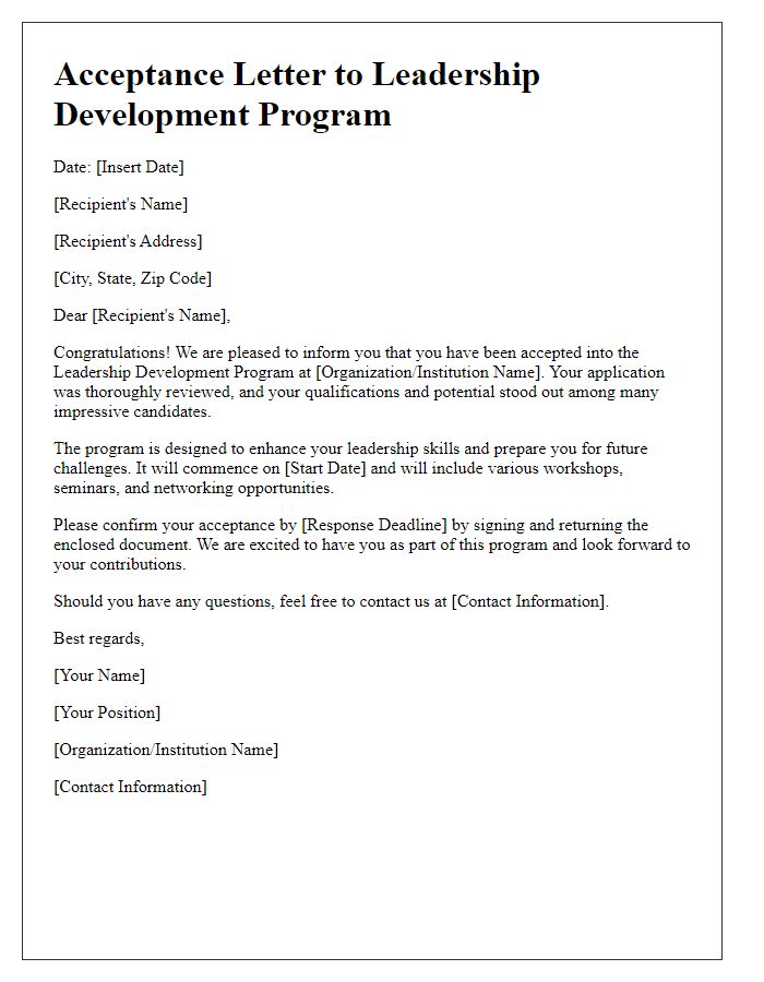 Letter template of acceptance into leadership development program