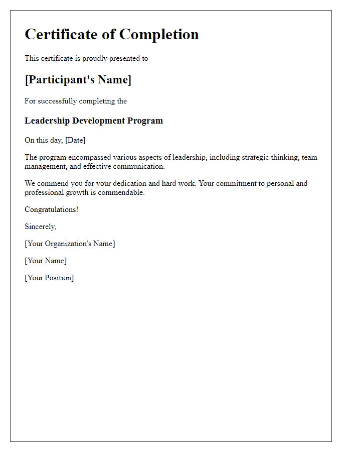 Letter template of completion of leadership development program