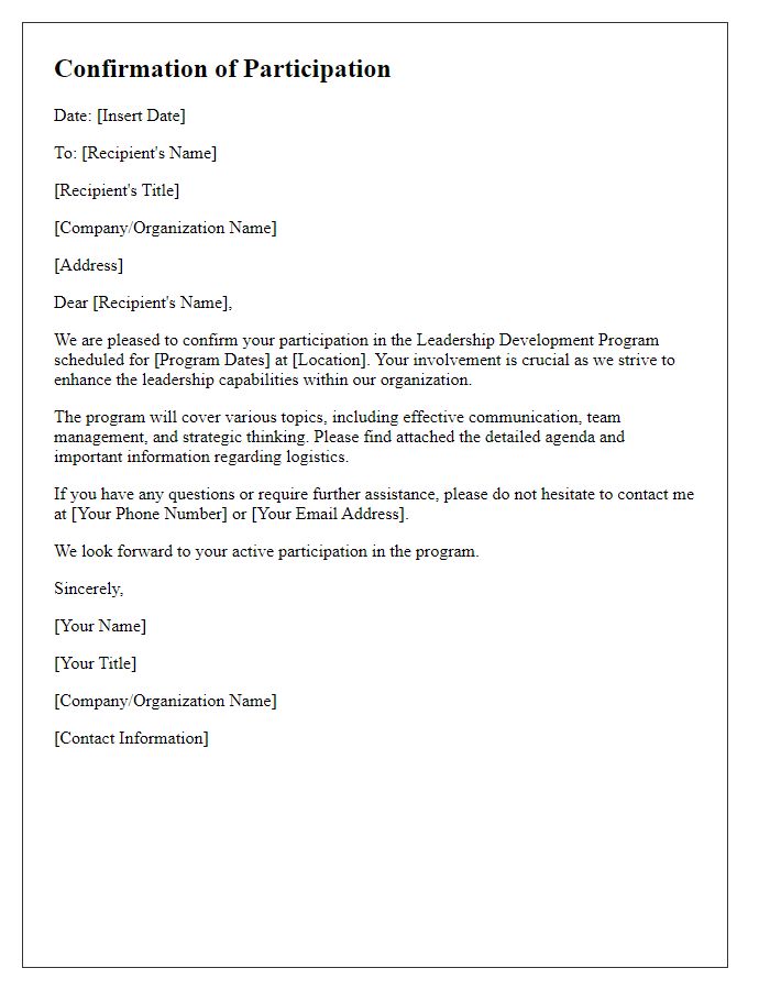 Letter template of confirmation of participation in leadership development program