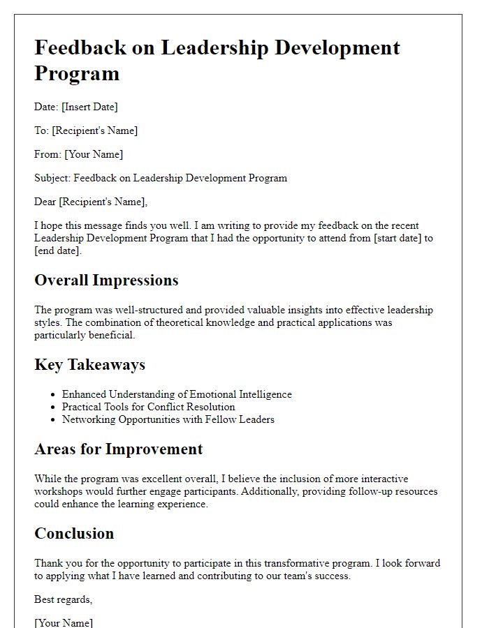 Letter template of feedback on leadership development program