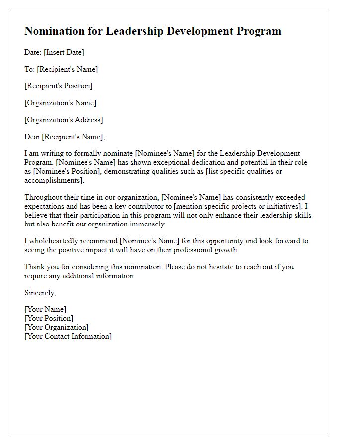 Letter template of nomination for leadership development program