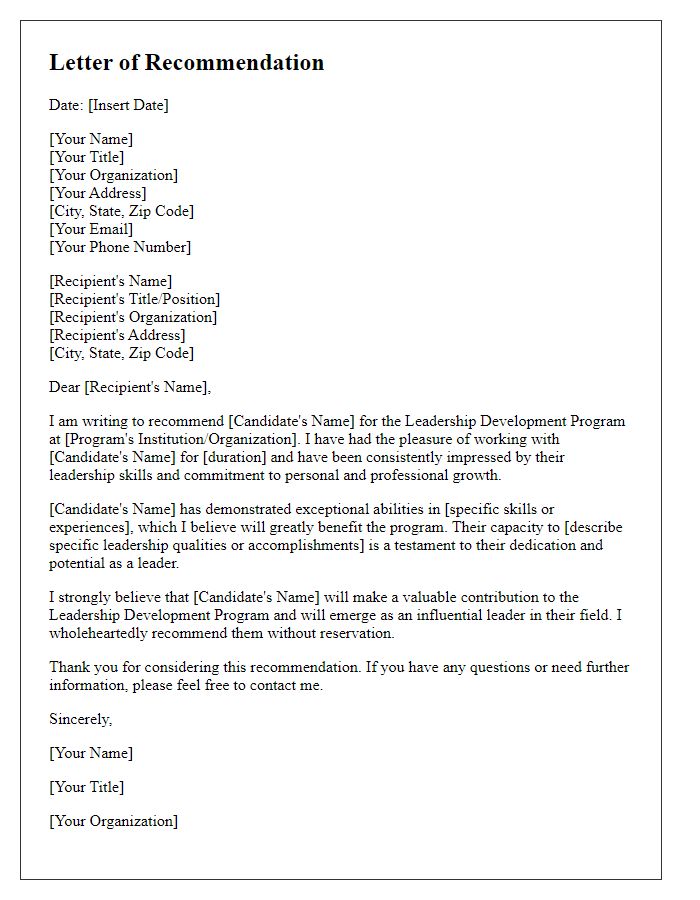 Letter template of recommendation for leadership development program