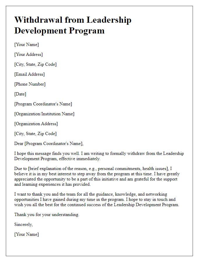 Letter template of withdrawal from leadership development program